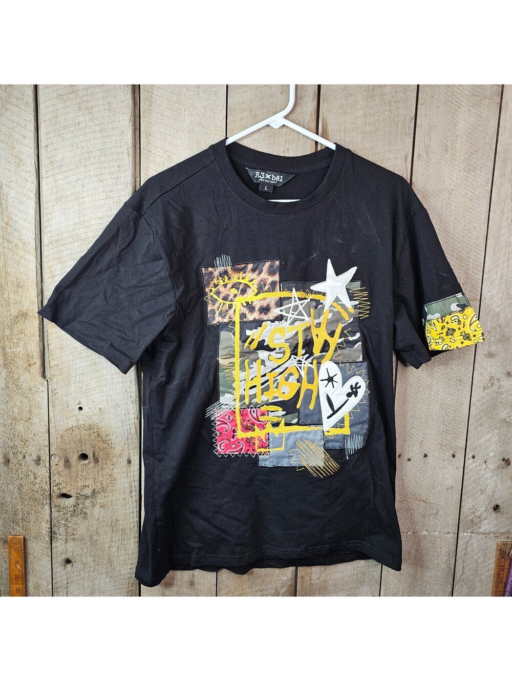 R3Xbêl Men's L Black Patchwork Graphic T-Shirt Stay High Leopard Camo Bandana